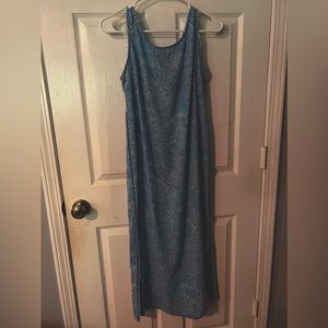 blue patterned maxi slip dress